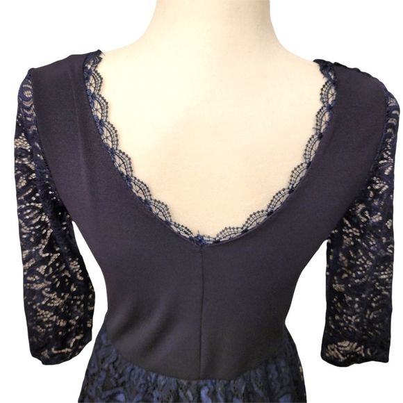 Navy Blue Dress with Elastic Waist 3/4 Sleeves and Lace Overlay - Picture 8 of 16